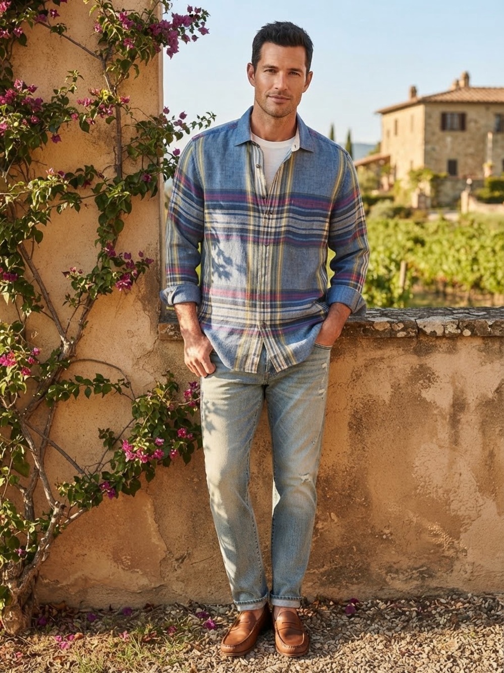 Tommy Bahama Blue Plaid Linen Button-Down with Yellow & Red Accents